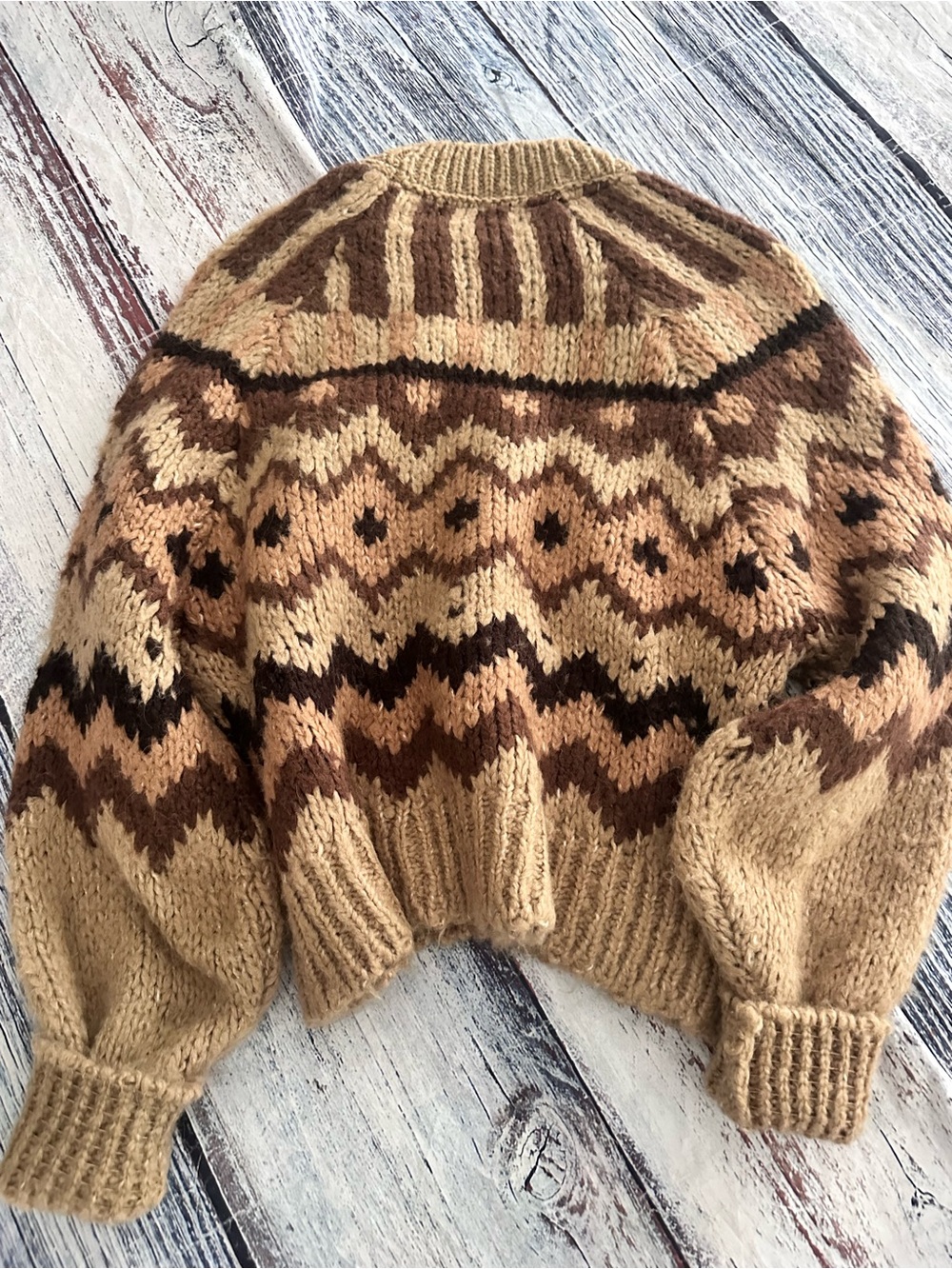 Anthropologie Wool Blend Chunky Fair Isle Knit Sweater in Beige & Brown - Picture 4 of 10